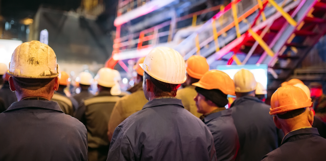 Workers stand in a room ready to start their day. They are wearing yellow hard hats in front of a tech screen.