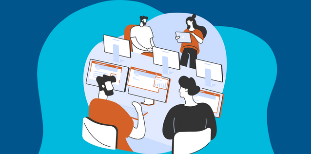Stylized person gesturing towards a computer monitor with a shield icon and text. 