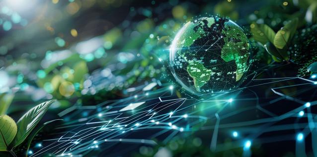 Globe floating above networks with plants in the background.