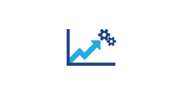 An icon showing a graph with a blue arrow pointing upward toward a set of gears.
